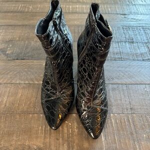 ANTONIO MELANI RHAPSODY Patent Leather Black Heeled Ankle Boots Booties Size 8.5